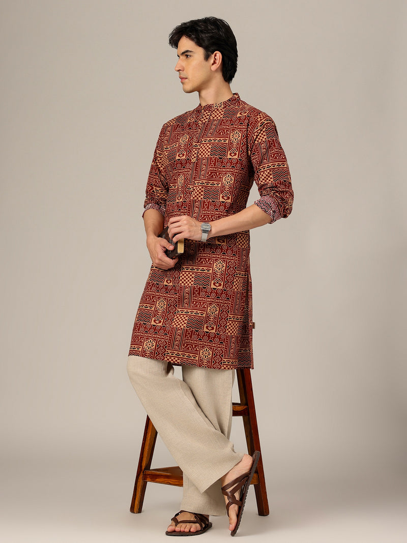 Rust: Ethnic Block Printed Mandarin Collar Kurta