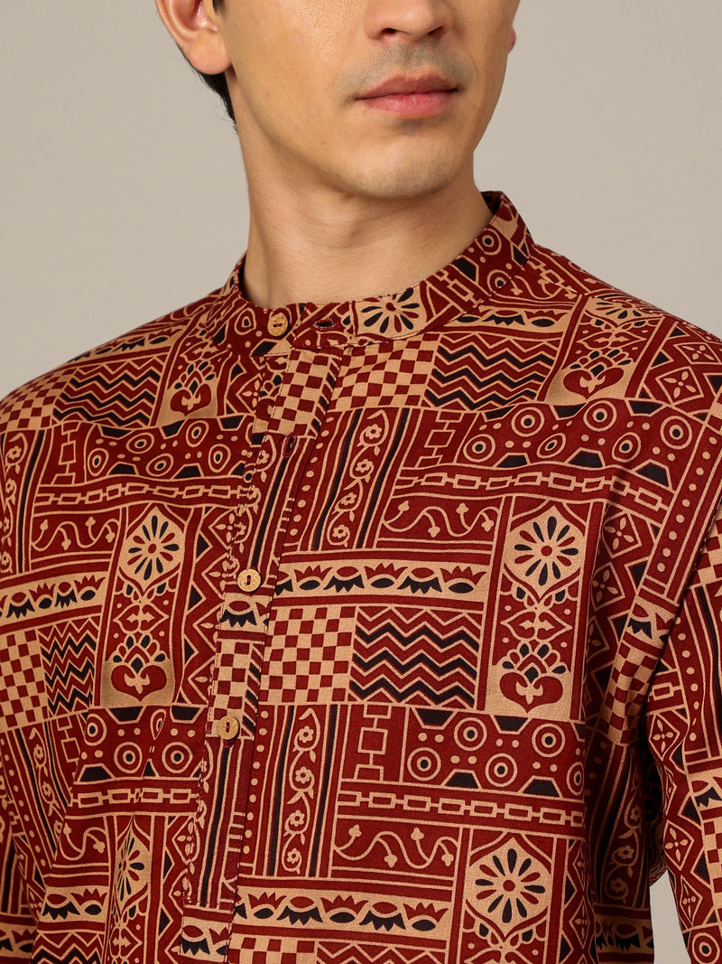 Rust: Ethnic Block Printed Mandarin Collar Kurta
