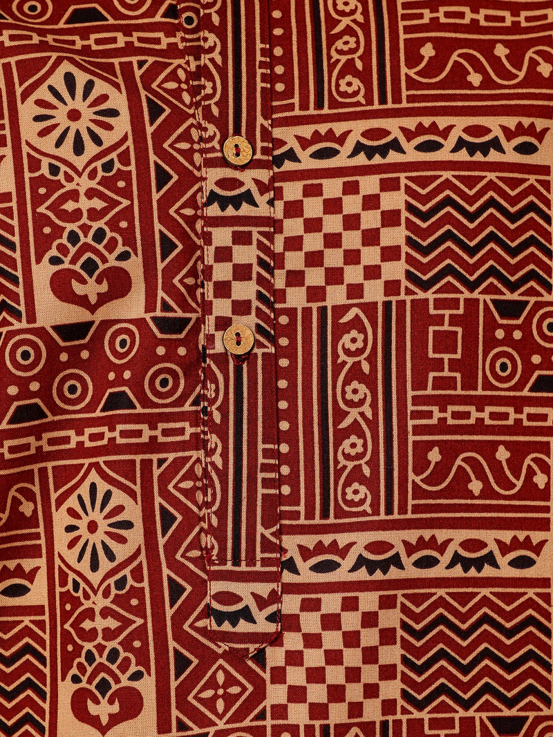 Rust: Ethnic Block Printed Mandarin Collar Kurta