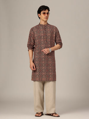 Black & Biege: Floral Block Printed Mandarin Collar Kurta