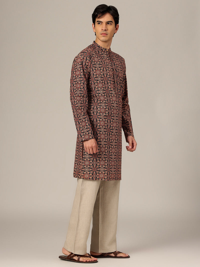 Black & Biege: Floral Block Printed Mandarin Collar Kurta