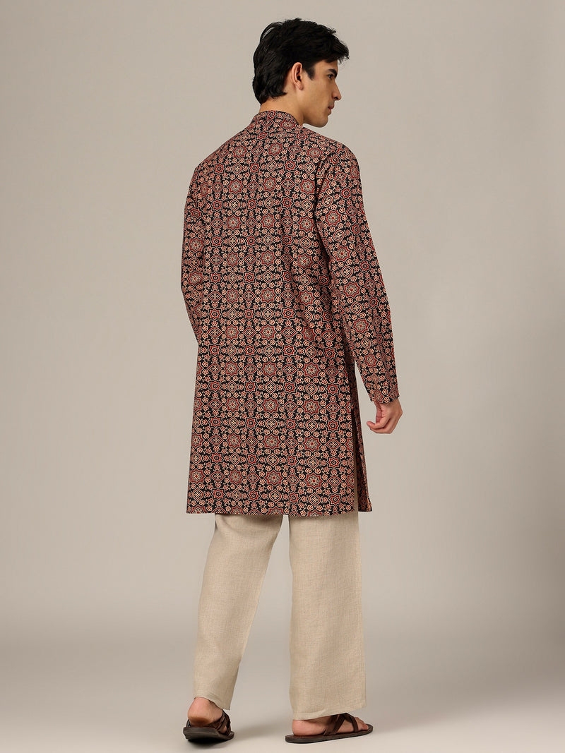 Black & Biege: Floral Block Printed Mandarin Collar Kurta