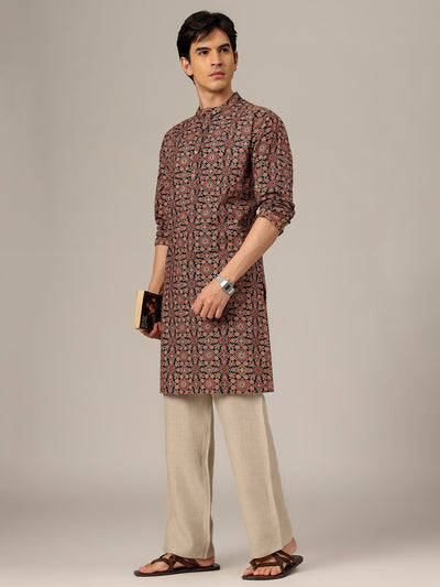 Black & Biege: Floral Block Printed Mandarin Collar Kurta