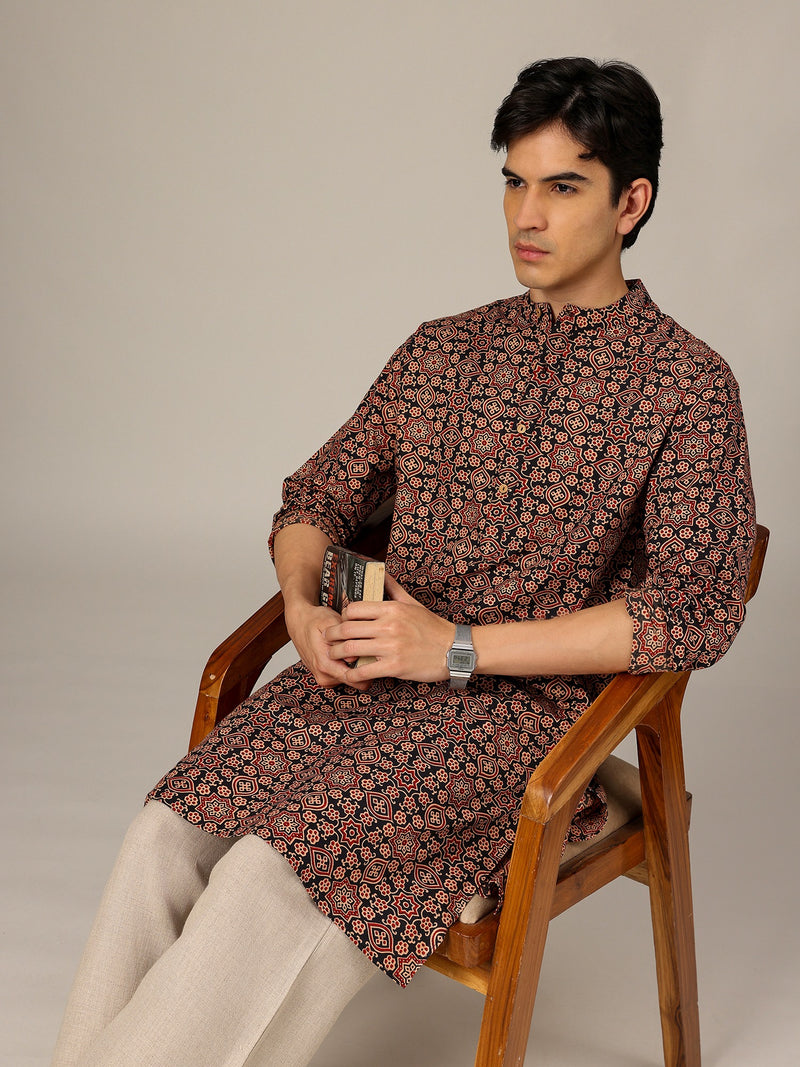Black & Biege: Floral Block Printed Mandarin Collar Kurta