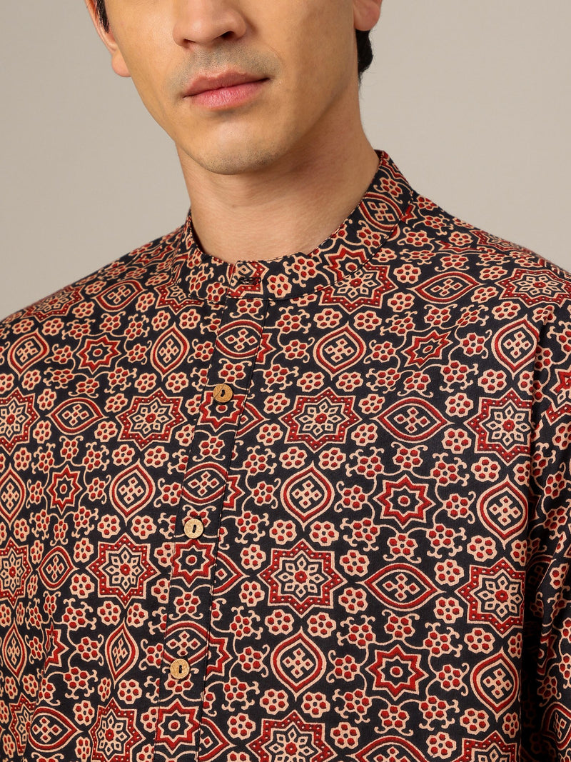 Black & Biege: Floral Block Printed Mandarin Collar Kurta