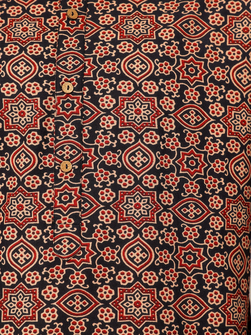 Black & Biege: Floral Block Printed Mandarin Collar Kurta