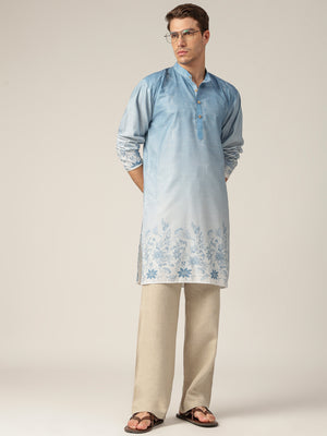Sky Blue: Ombre Floral Printed Mandarin Collar Casual Kurta