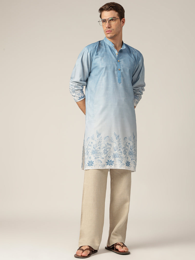 Sky Blue: Ombre Floral Printed Mandarin Collar Casual Kurta