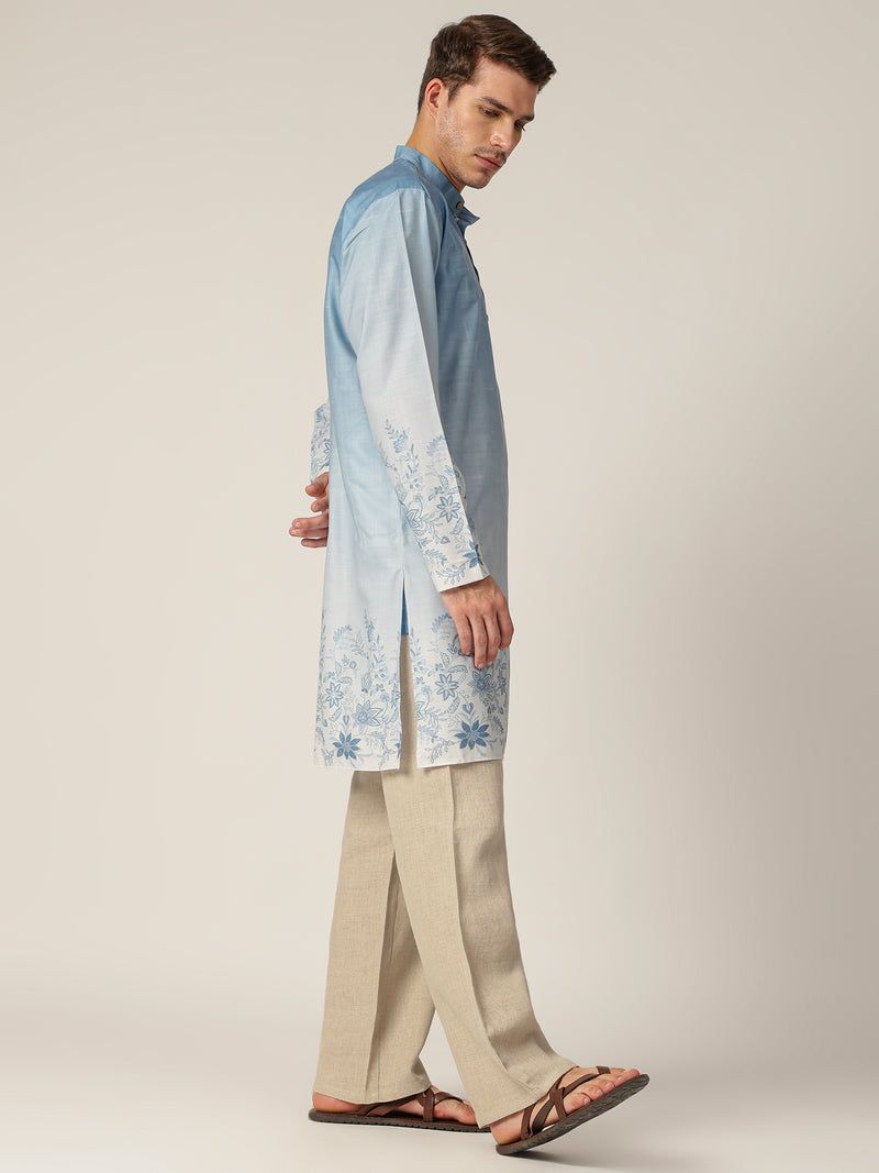 Sky Blue: Ombre Floral Printed Mandarin Collar Casual Kurta