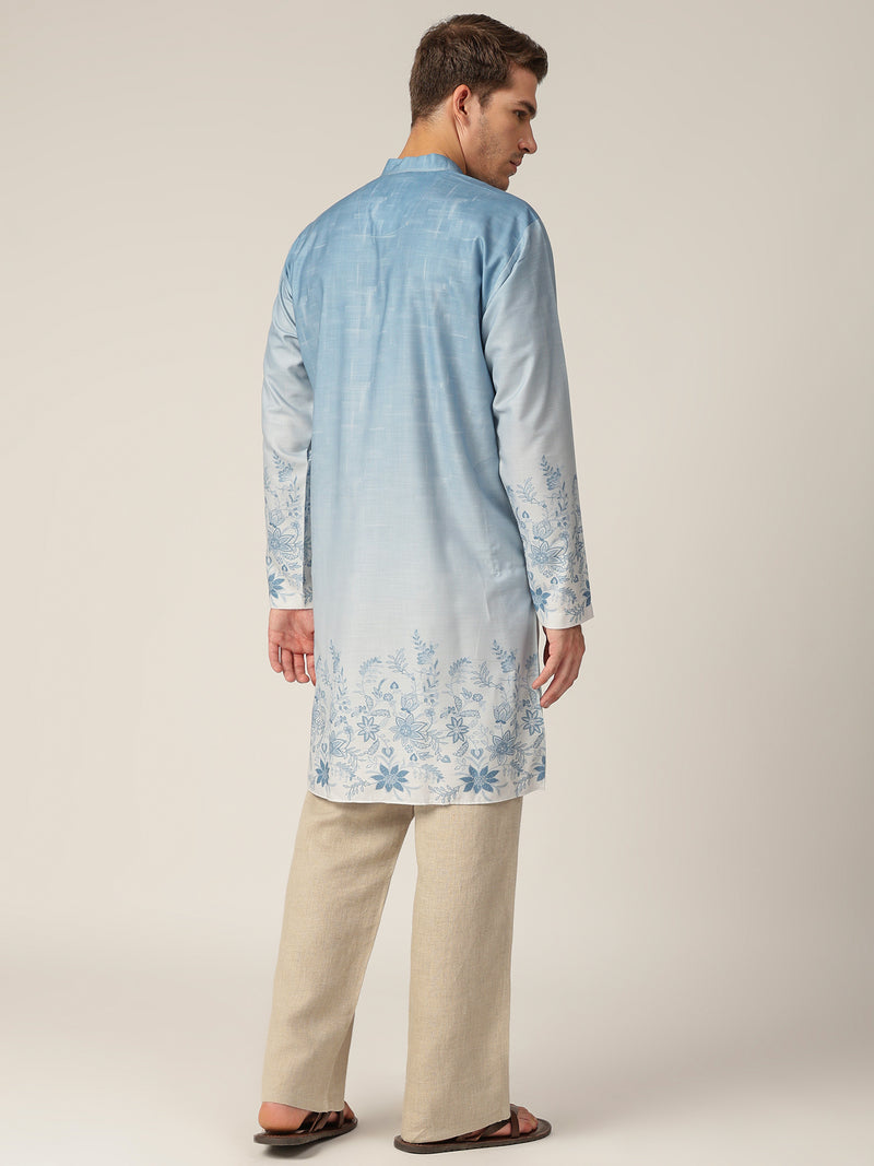 Sky Blue: Ombre Floral Printed Mandarin Collar Casual Kurta