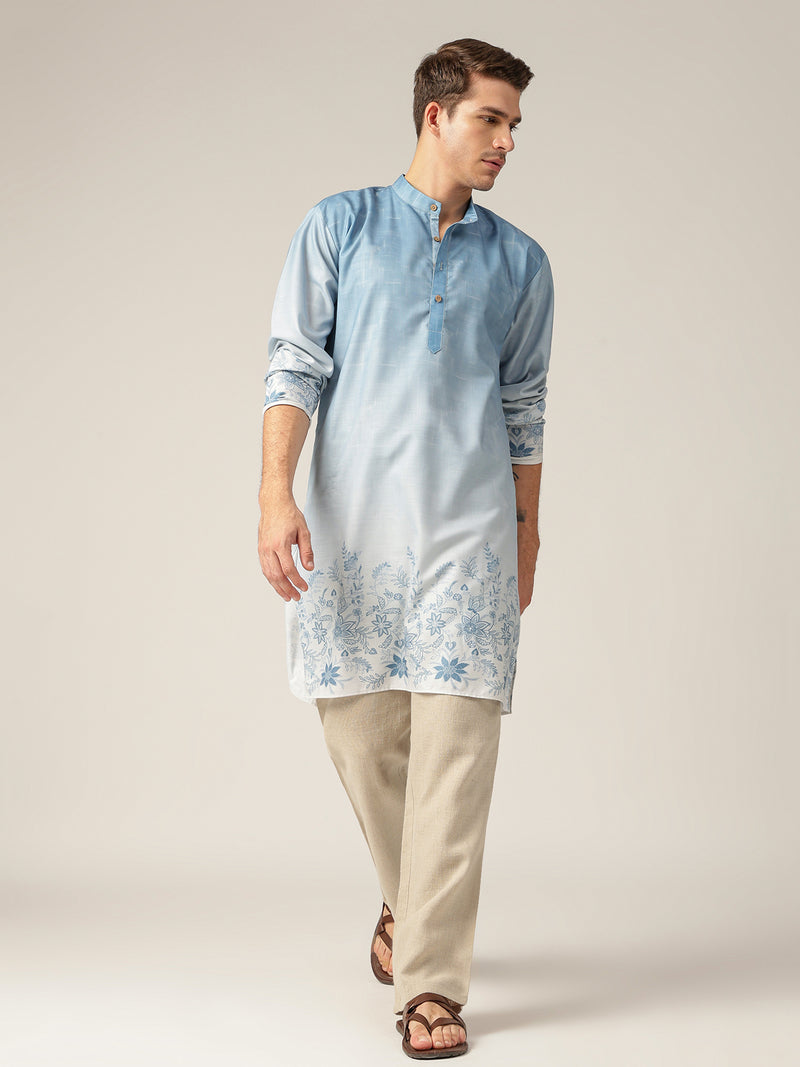 Sky Blue: Ombre Floral Printed Mandarin Collar Casual Kurta