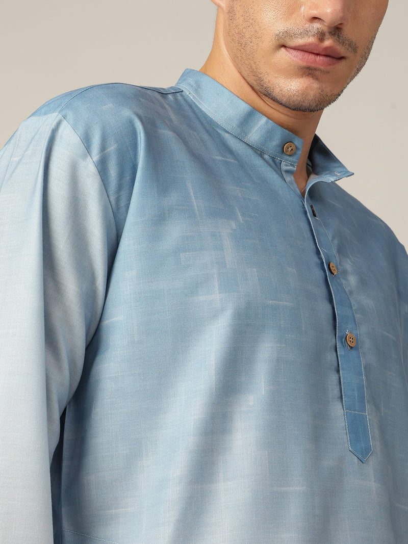 Sky Blue: Ombre Floral Printed Mandarin Collar Casual Kurta