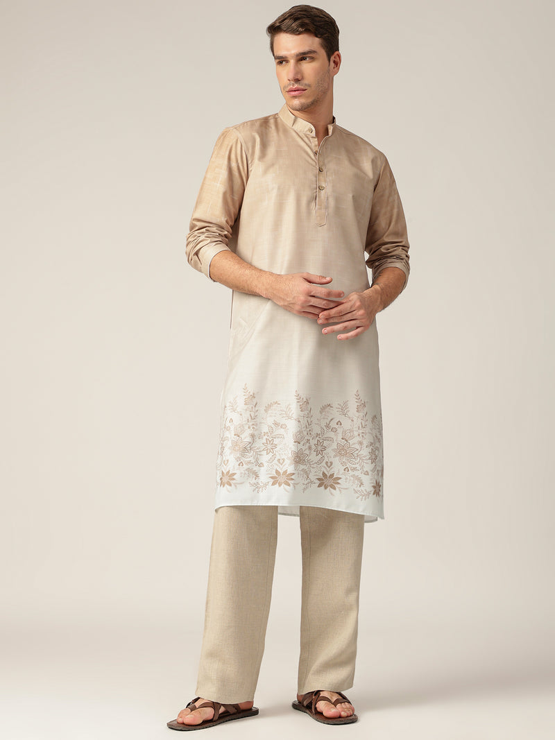 Beige: Ombre Floral Printed Mandarin Collar Casual Kurta