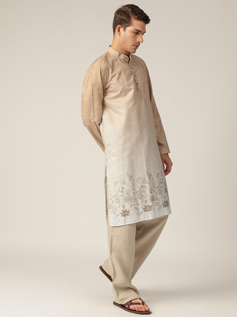 Beige: Ombre Floral Printed Mandarin Collar Casual Kurta