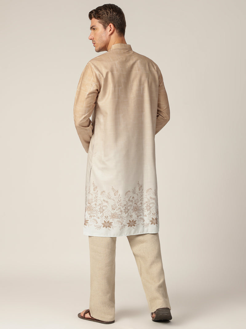 Beige: Ombre Floral Printed Mandarin Collar Casual Kurta