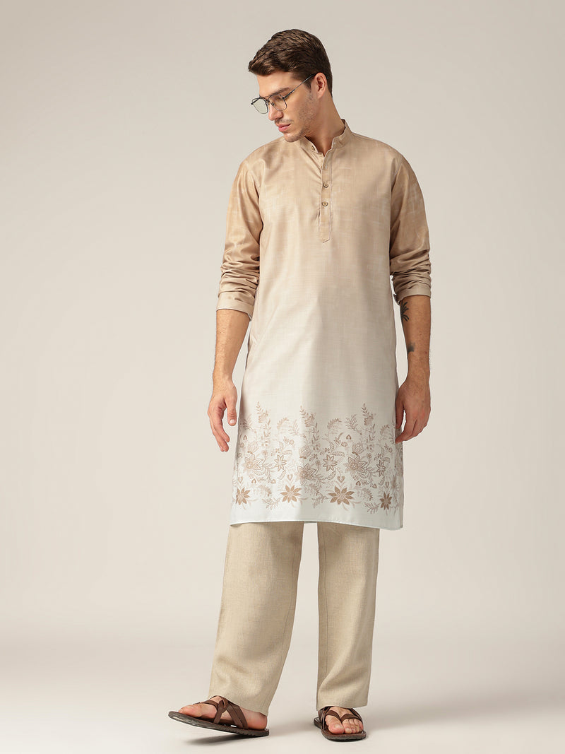 Beige: Ombre Floral Printed Mandarin Collar Casual Kurta