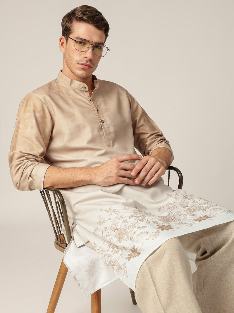 Beige: Ombre Floral Printed Mandarin Collar Casual Kurta