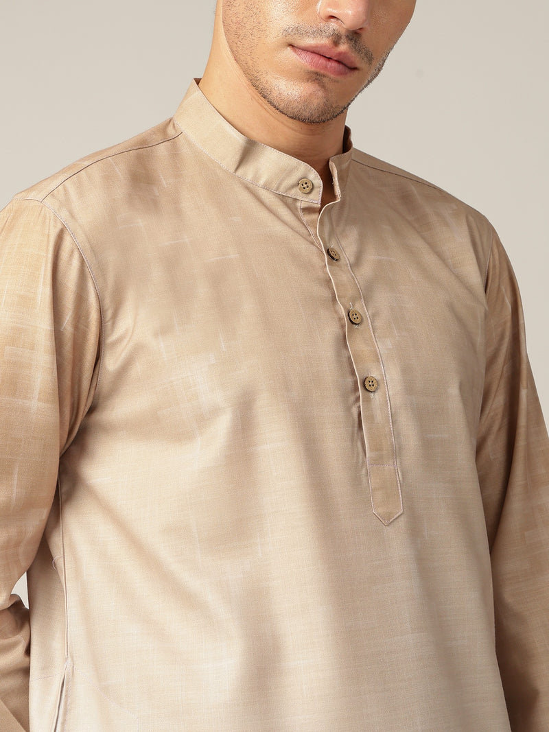 Beige: Ombre Floral Printed Mandarin Collar Casual Kurta