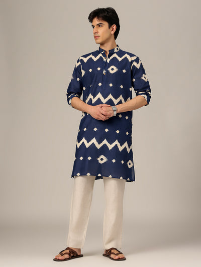 Blue: Geometric Printed Mandarin Collar Kurta