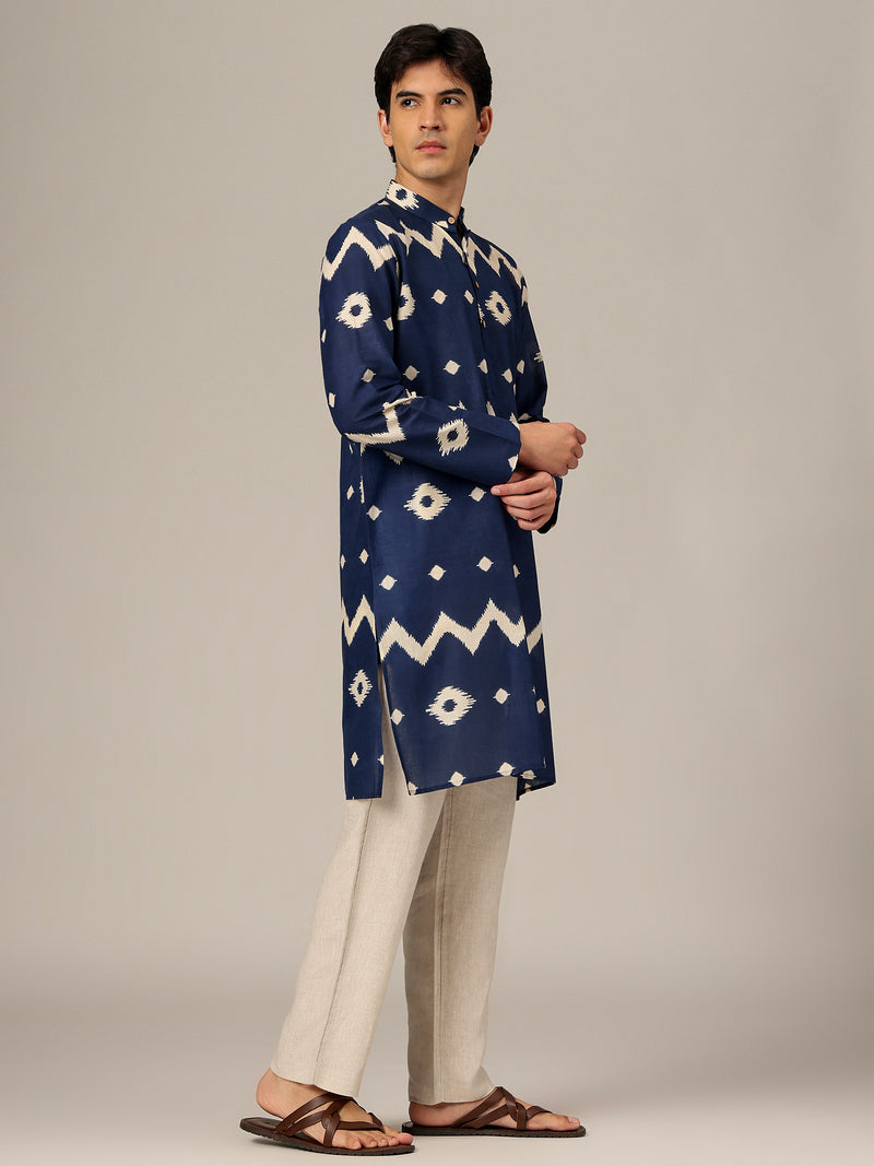 Blue: Geometric Printed Mandarin Collar Kurta