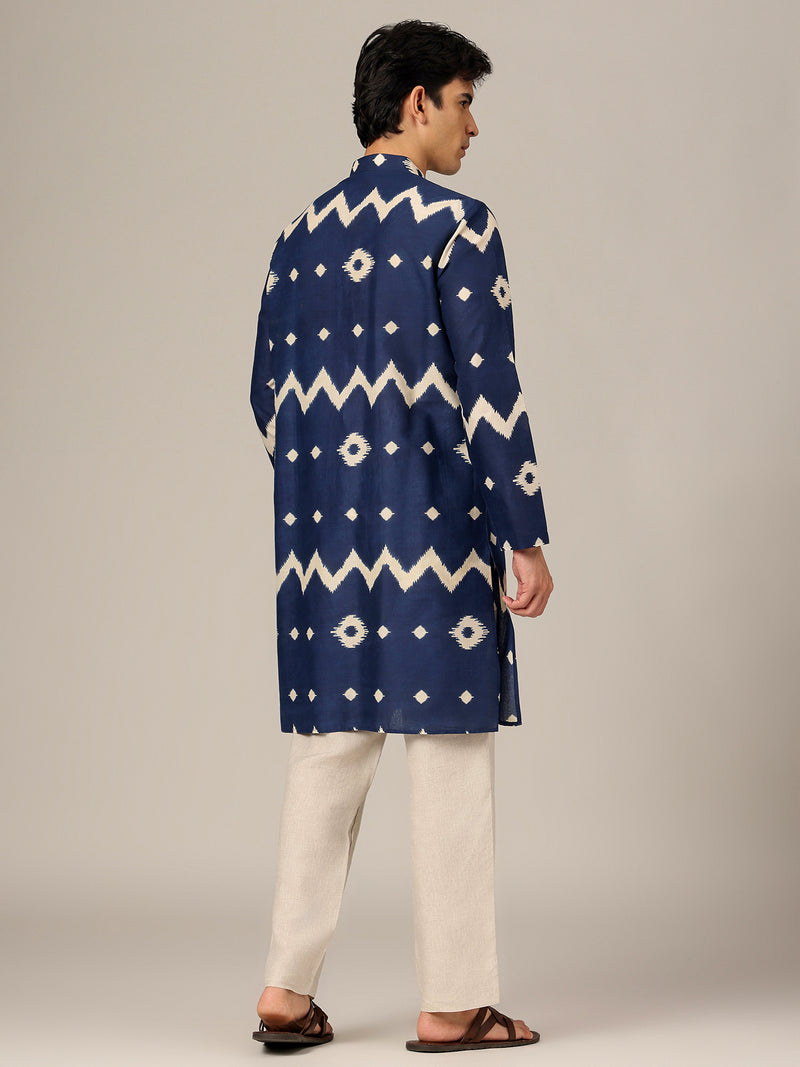 Blue: Geometric Printed Mandarin Collar Kurta