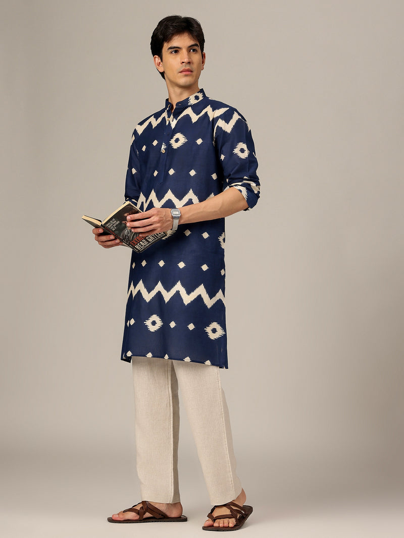 Blue: Geometric Printed Mandarin Collar Kurta