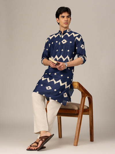 Blue: Geometric Printed Mandarin Collar Kurta