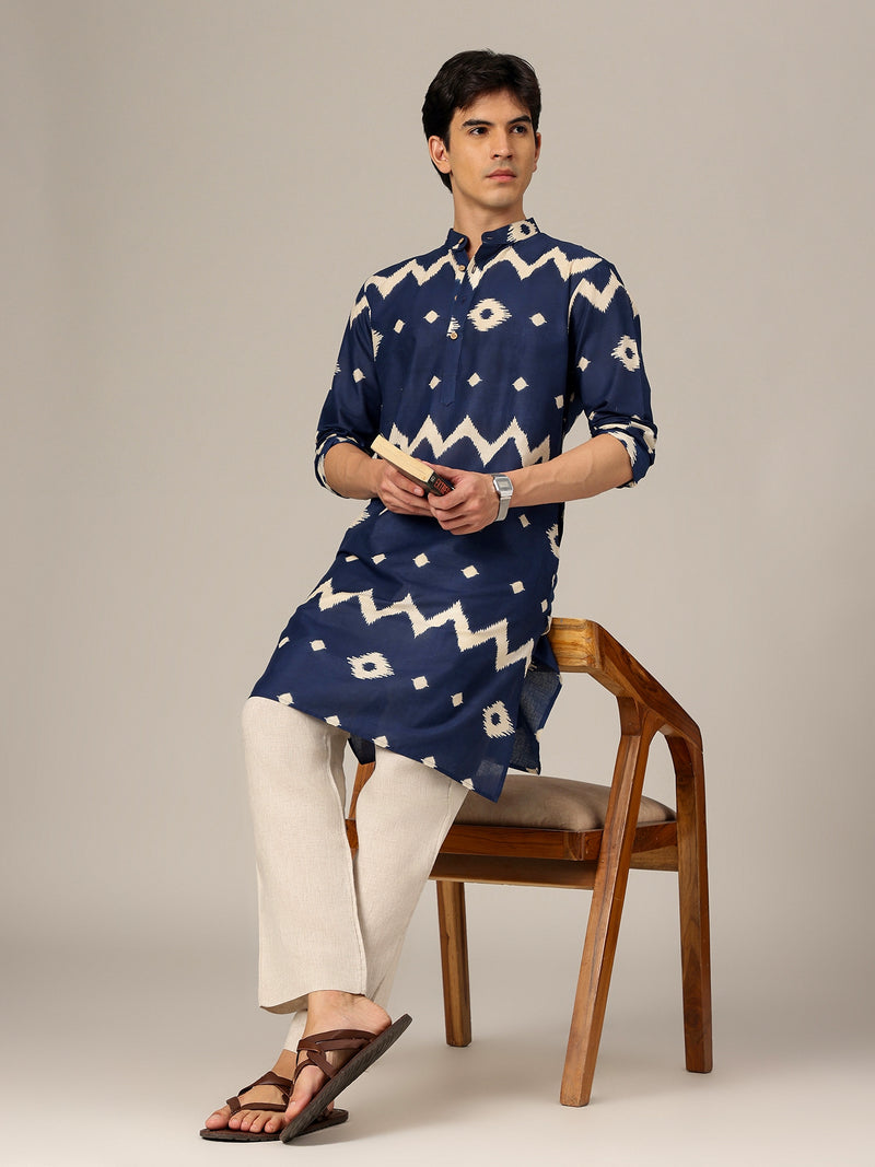 Blue: Geometric Printed Mandarin Collar Kurta