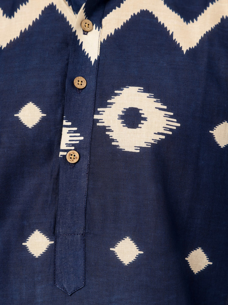 Blue: Geometric Printed Mandarin Collar Kurta
