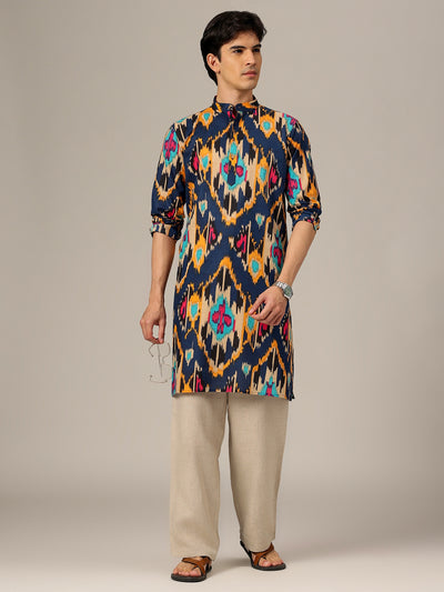 Blue & Orange: Ikat Printed Mandarin Collar Kurta