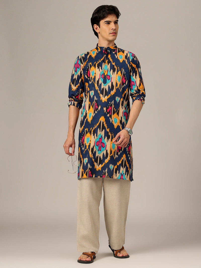 Blue & Orange: Ikat Printed Mandarin Collar Kurta