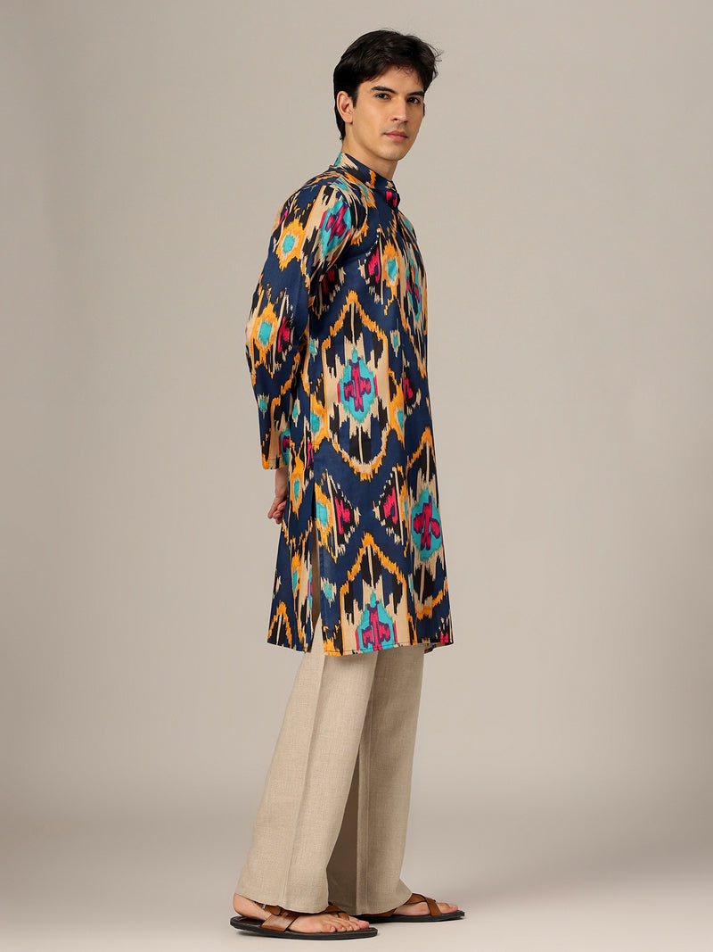 Blue & Orange: Ikat Printed Mandarin Collar Kurta