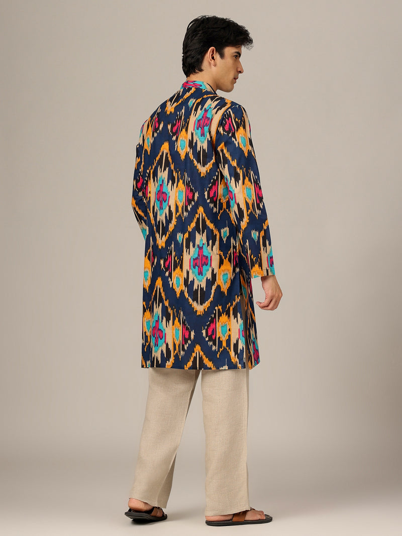 Blue & Orange: Ikat Printed Mandarin Collar Kurta