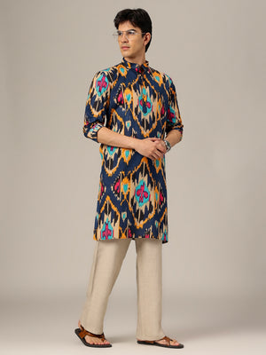 Blue & Orange: Ikat Printed Mandarin Collar Kurta