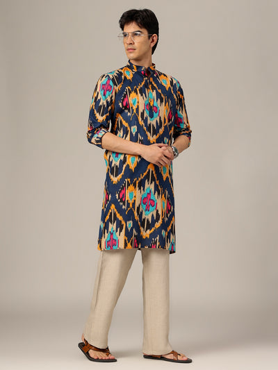 Blue & Orange: Ikat Printed Mandarin Collar Kurta