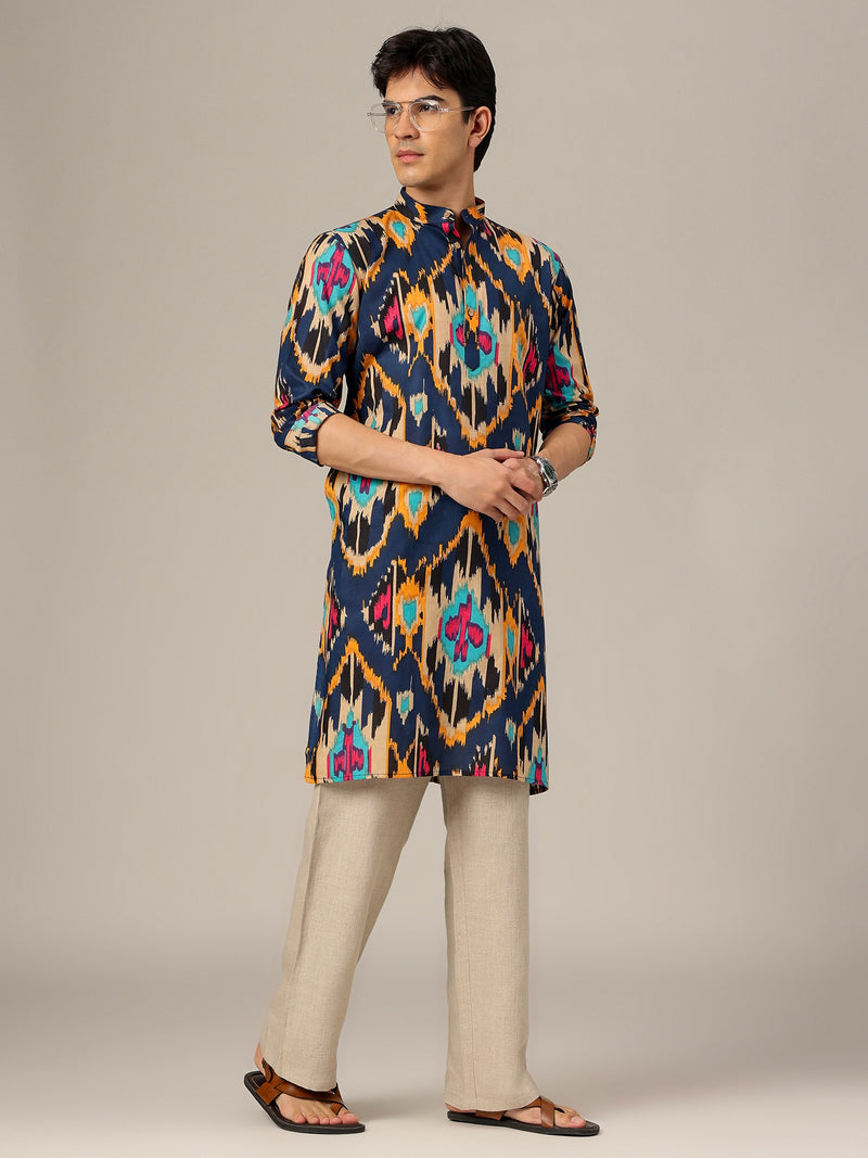 Blue & Orange: Ikat Printed Mandarin Collar Kurta