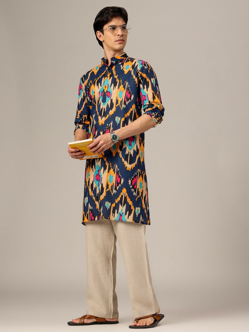 Blue & Orange: Ikat Printed Mandarin Collar Kurta