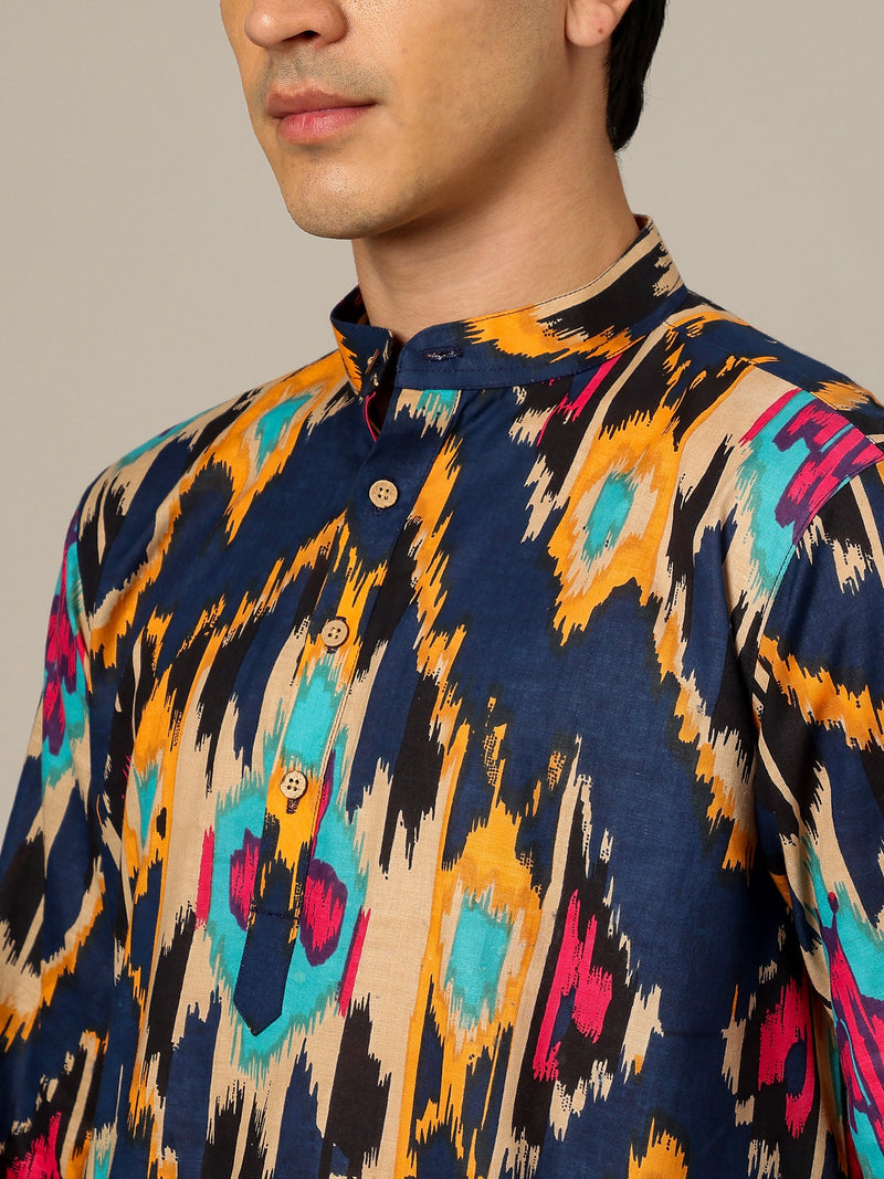 Blue & Orange: Ikat Printed Mandarin Collar Kurta