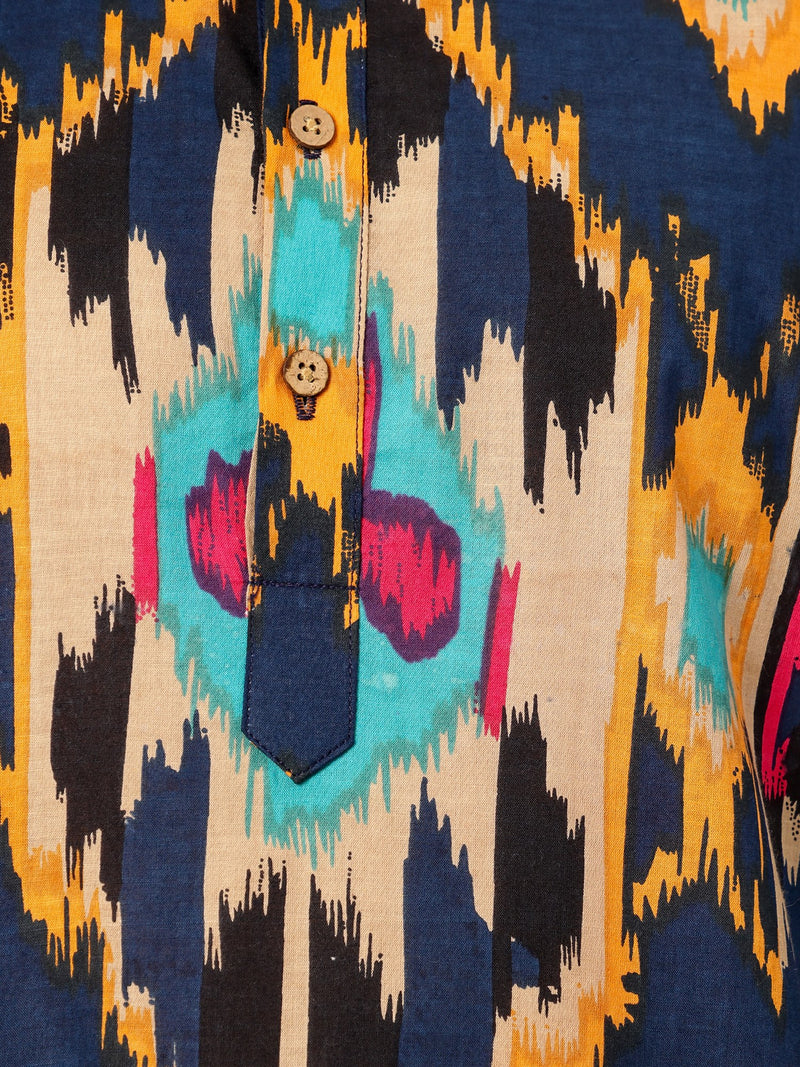 Blue & Orange: Ikat Printed Mandarin Collar Kurta