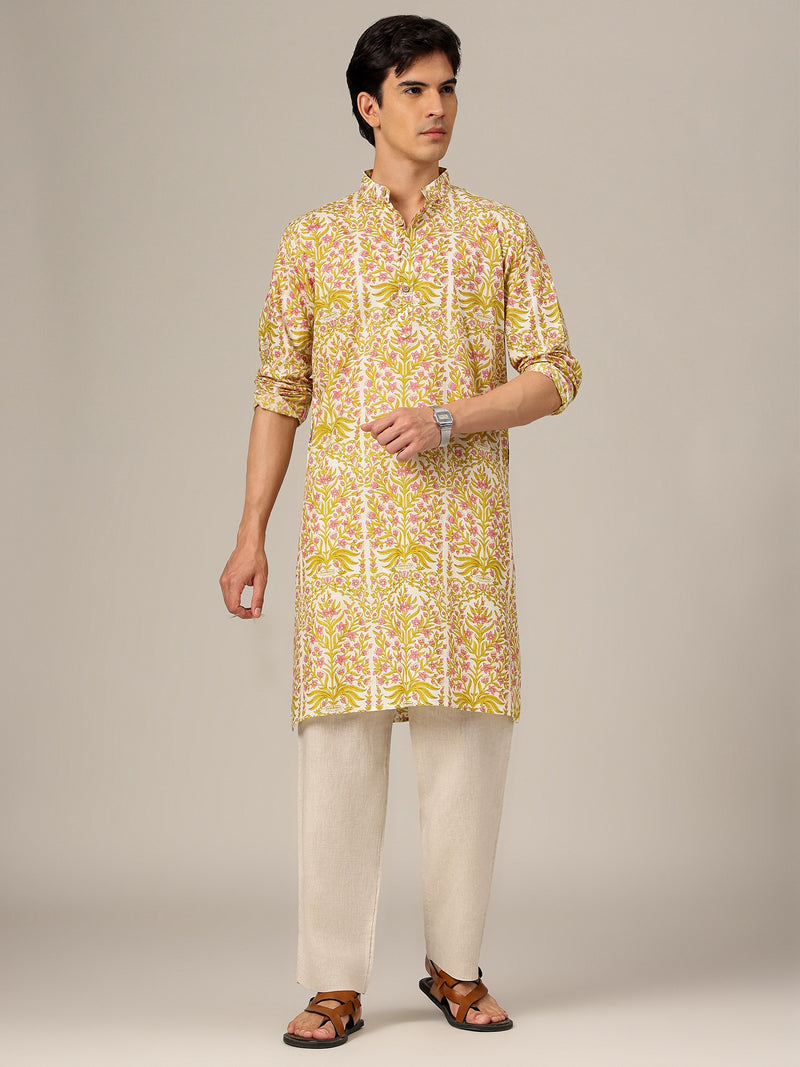 Off White & Yellow: Floral Printed Mandarin Collar Kurta