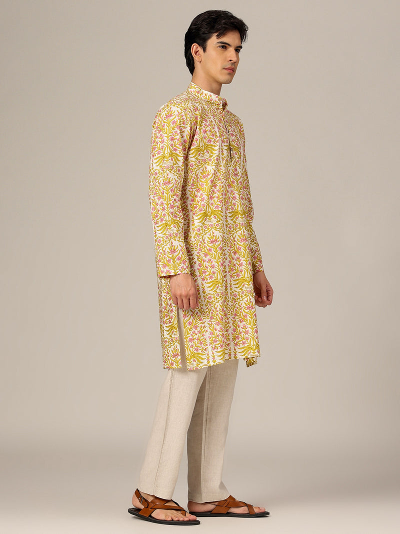 Off White & Yellow: Floral Printed Mandarin Collar Kurta