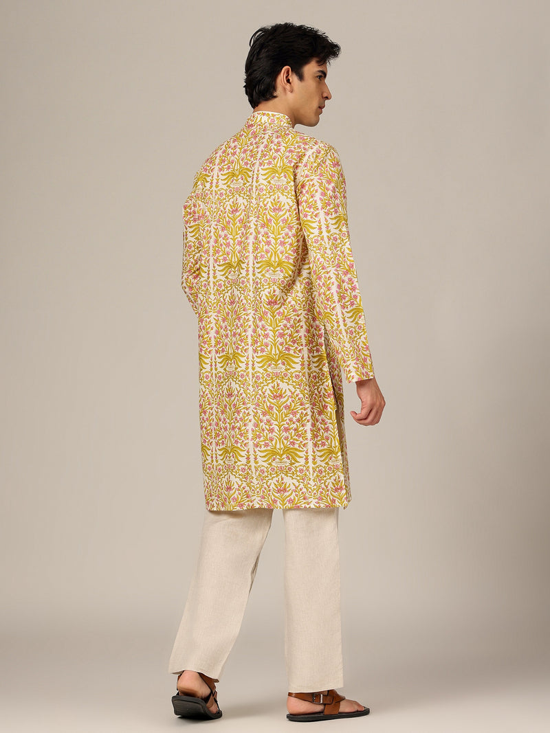Off White & Yellow: Floral Printed Mandarin Collar Kurta
