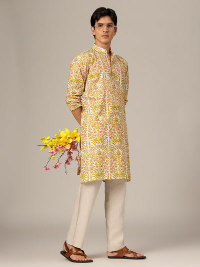 Off White & Yellow: Floral Printed Mandarin Collar Kurta