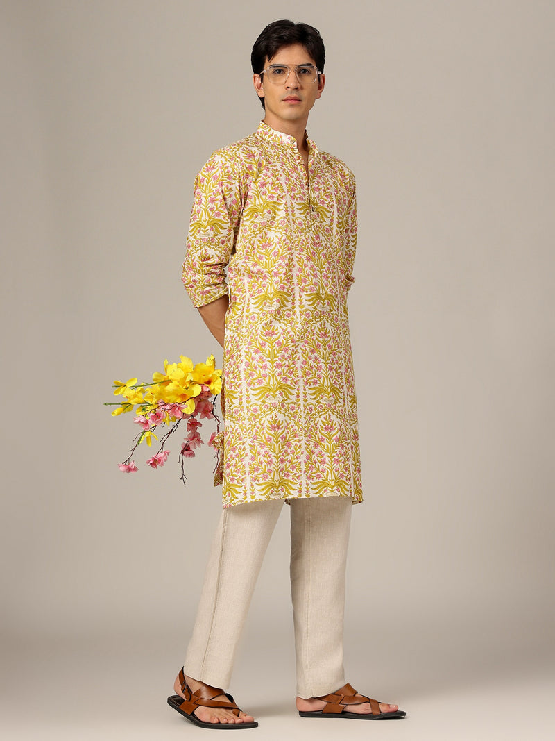Off White & Yellow: Floral Printed Mandarin Collar Kurta
