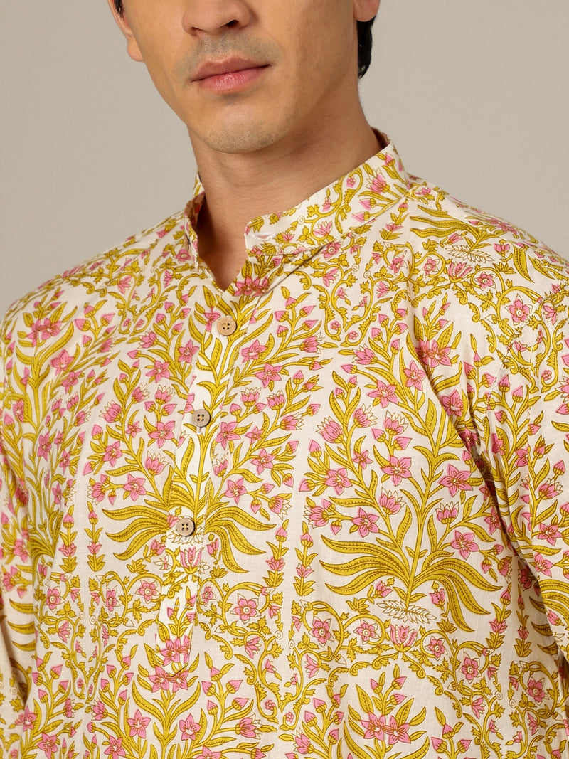 Off White & Yellow: Floral Printed Mandarin Collar Kurta