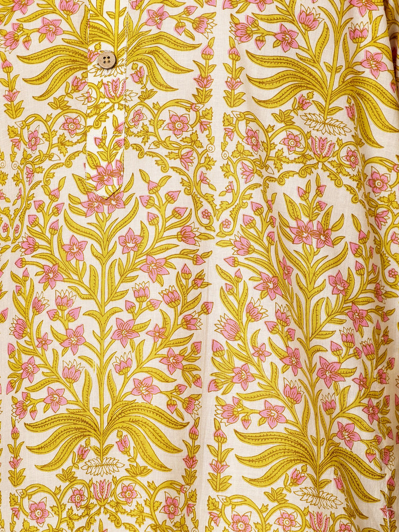 Off White & Yellow: Floral Printed Mandarin Collar Kurta