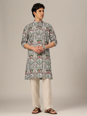 White & Green: Floral Printed Mandarin Collar Kurta
