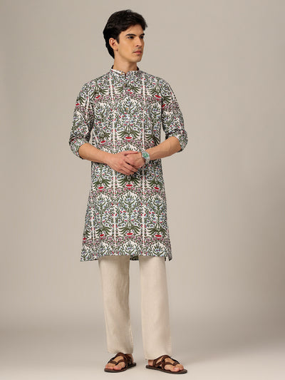 White & Green: Floral Printed Mandarin Collar Kurta
