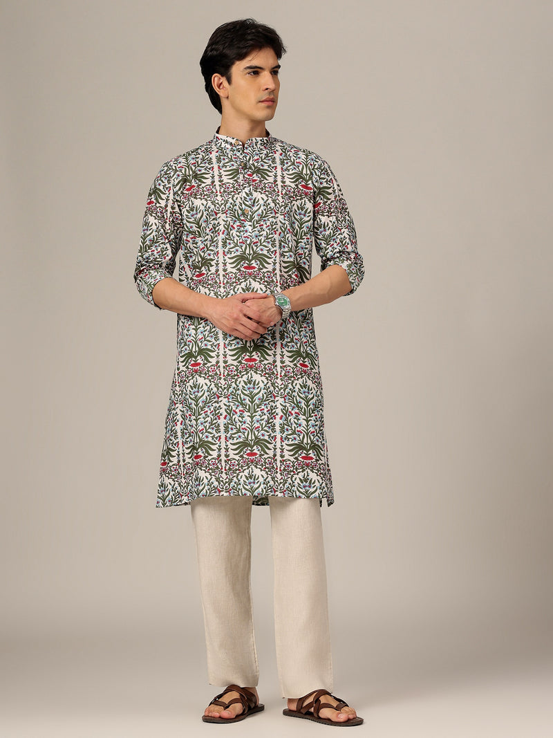 White & Green: Floral Printed Mandarin Collar Kurta