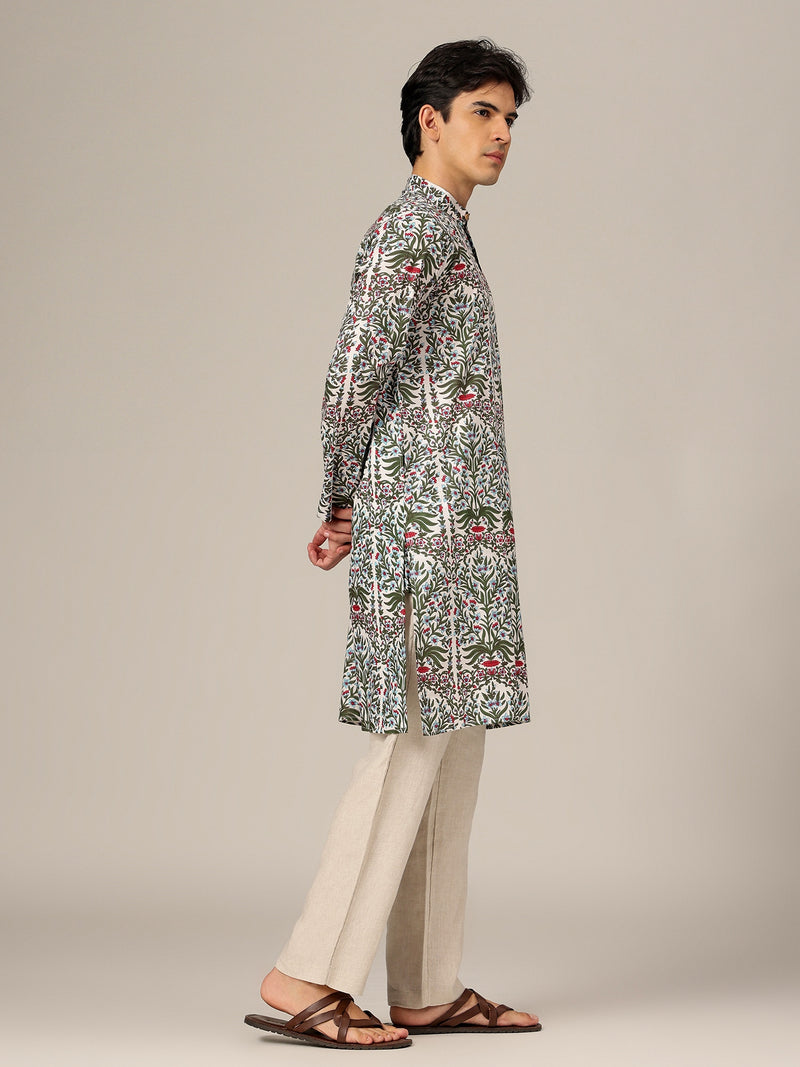 White & Green: Floral Printed Mandarin Collar Kurta